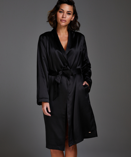 Satin Fleece Bathrobe, Black