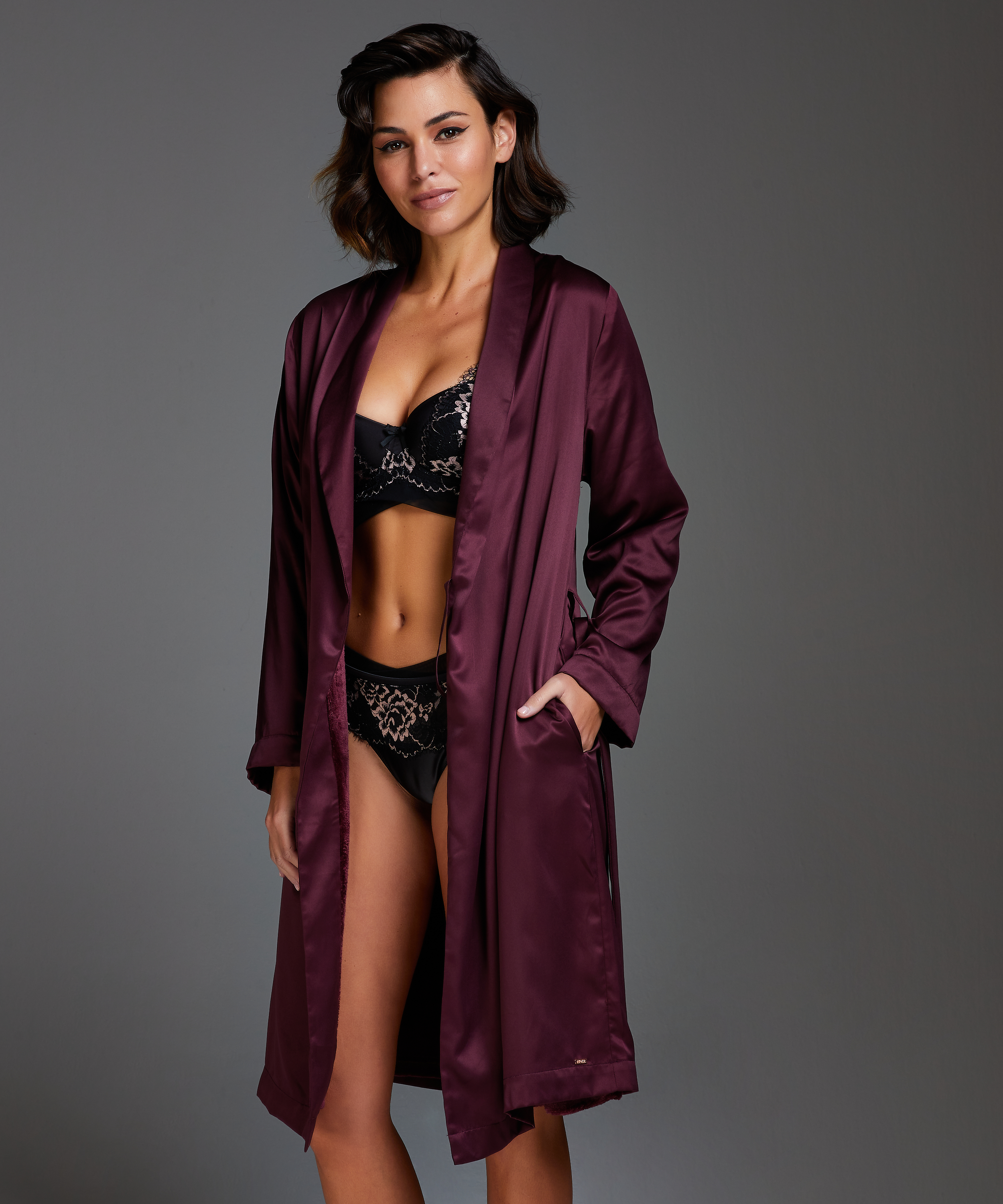 Satin Fleece Bathrobe, Purple, main