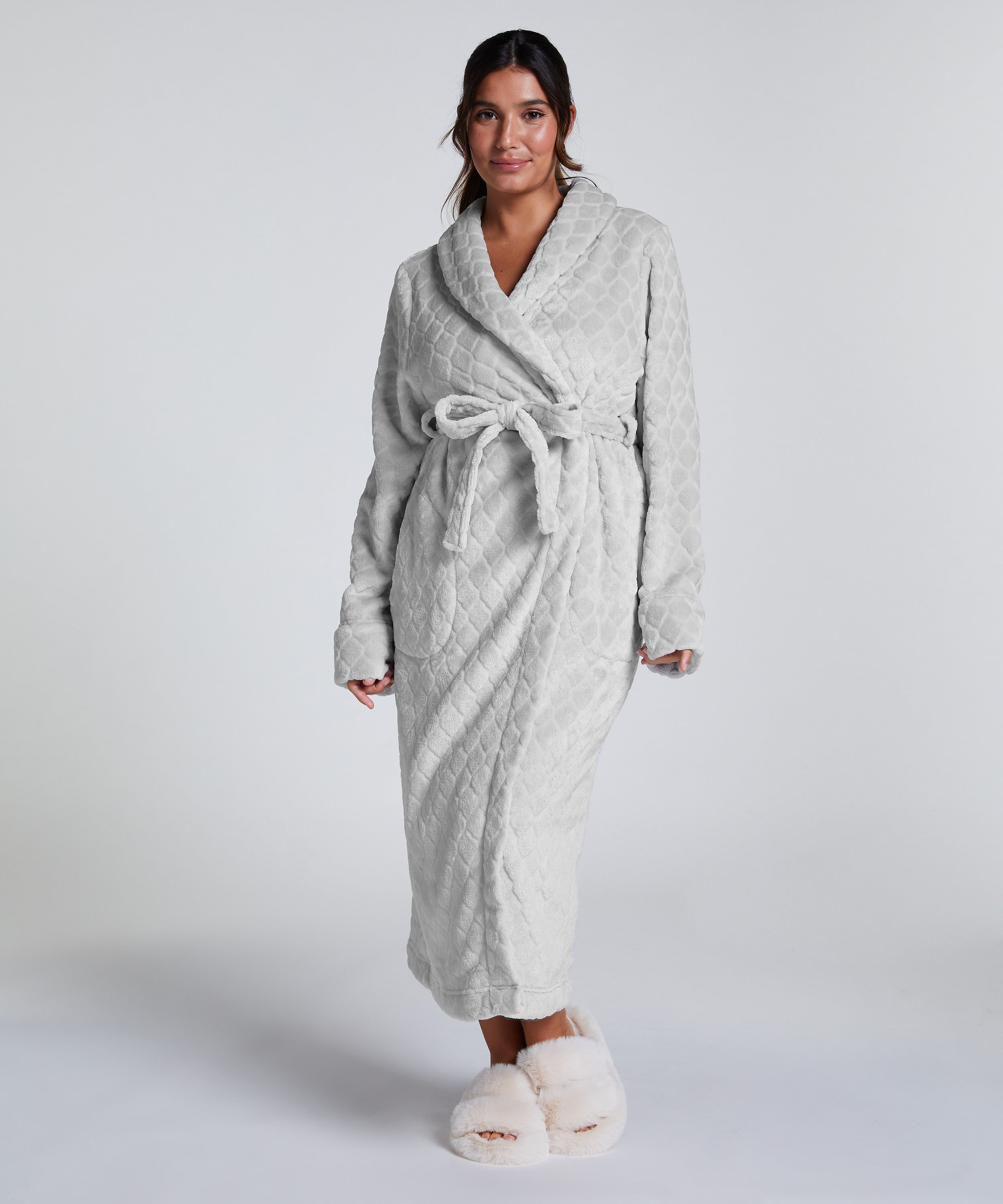 Long Fleece Bathrobe, Gray, main
