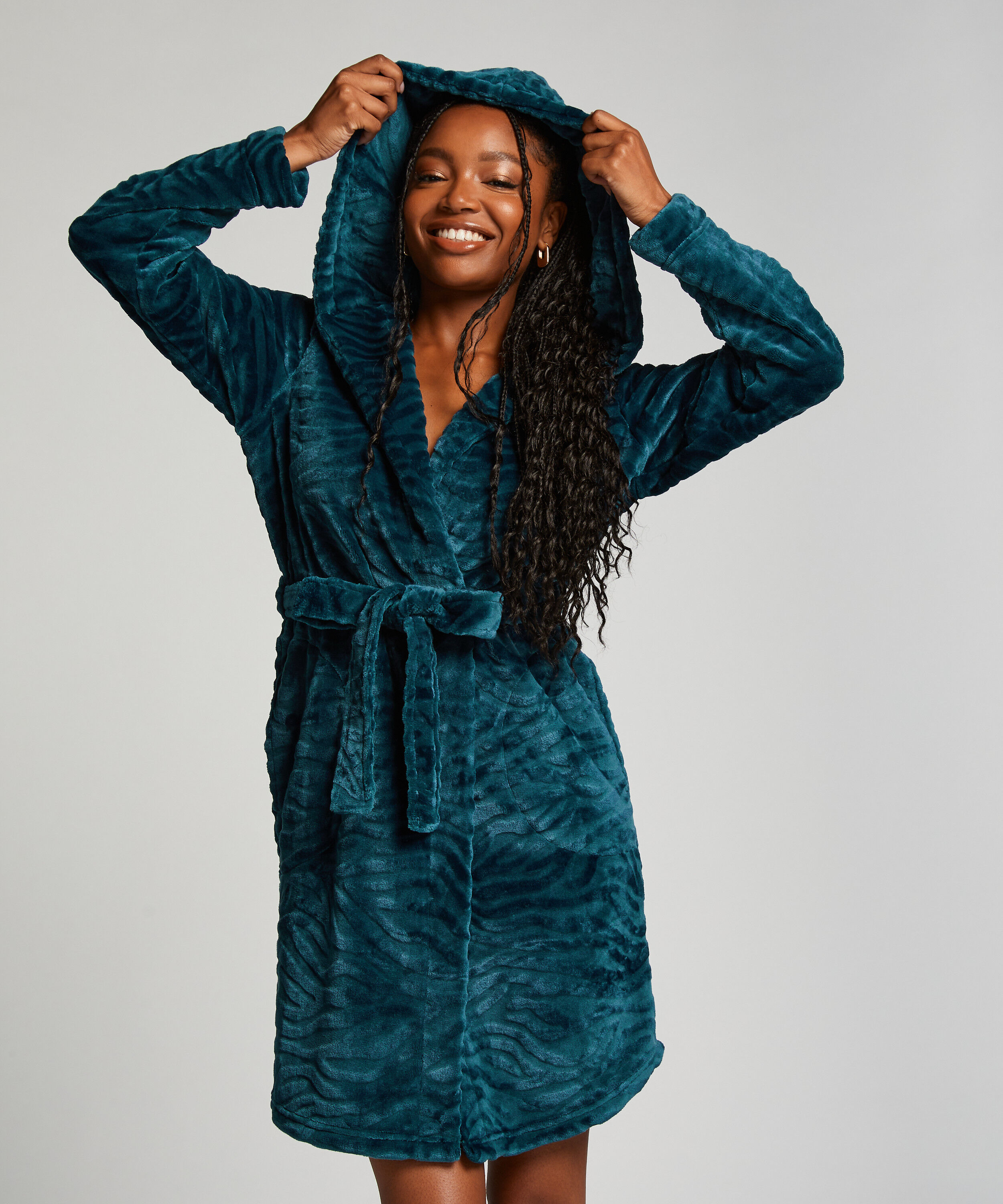 Short Fleece Ribbed Bathrobe, Blue