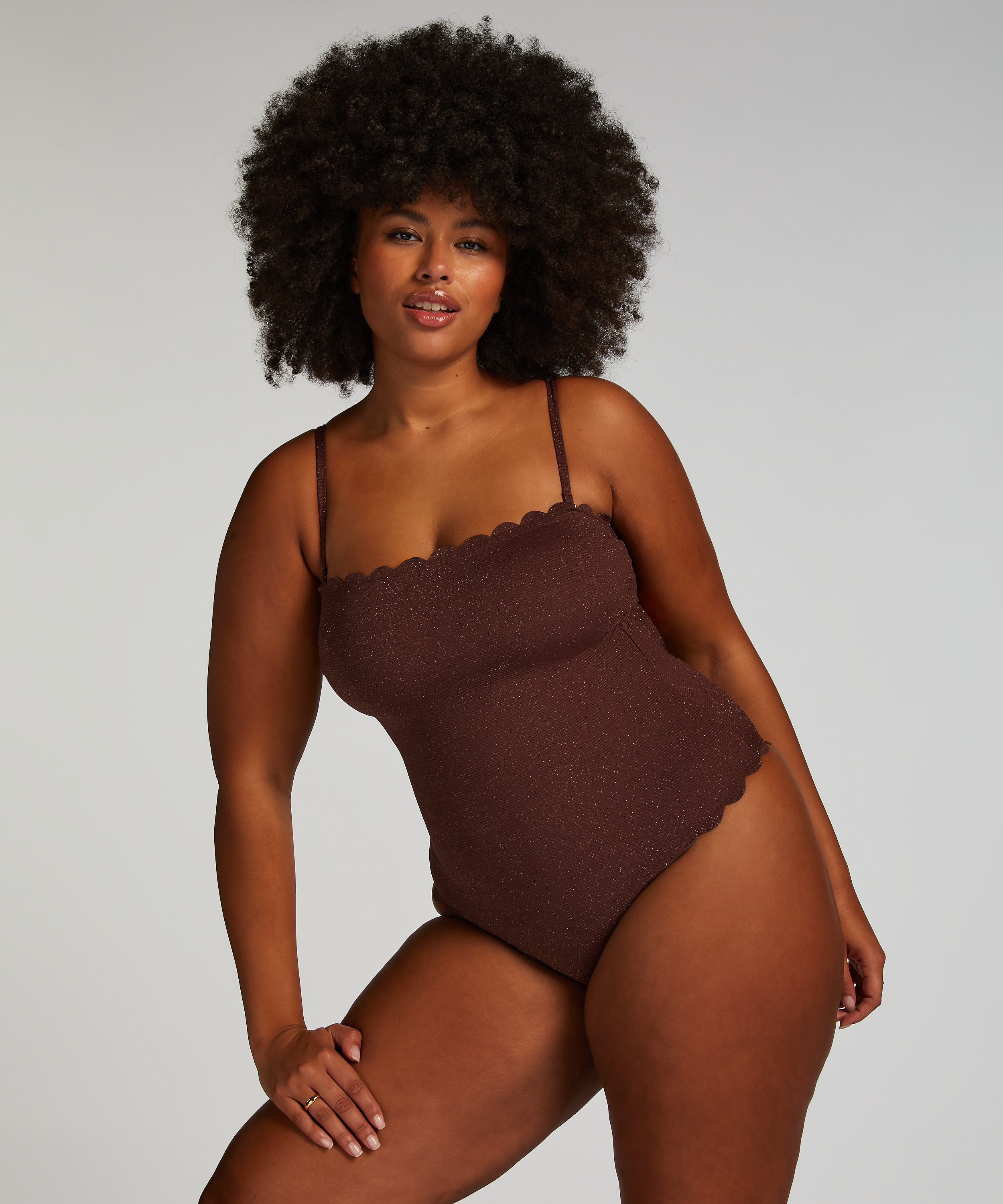 Shaping Bandeau Scallop Swimsuit, Brown, main