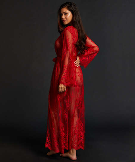 Long Allover Lace Kimono , Red