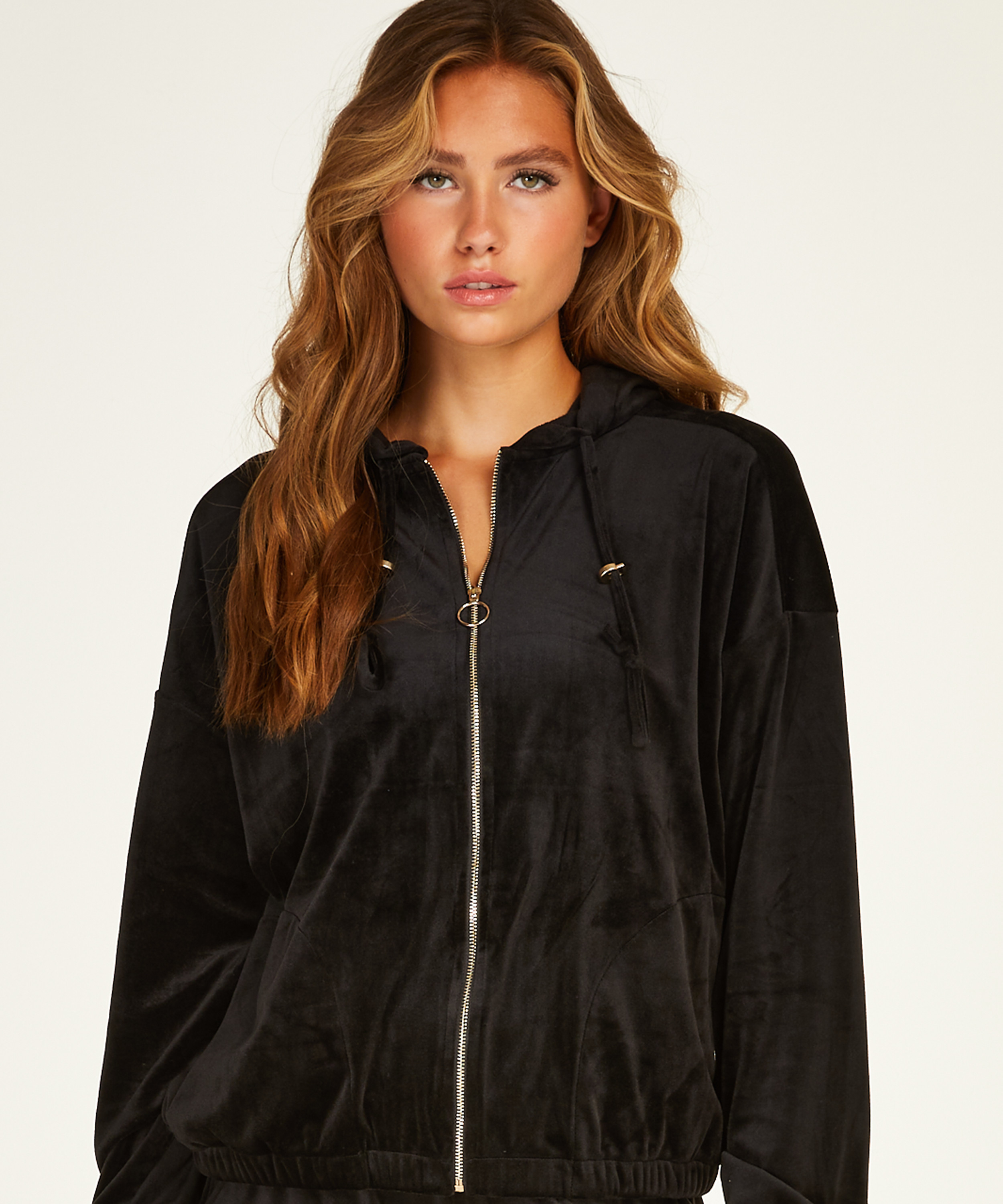 Velour hoodie jacket, Black, main