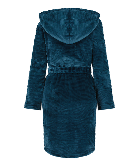 Short Fleece Ribbed Bathrobe, Blue
