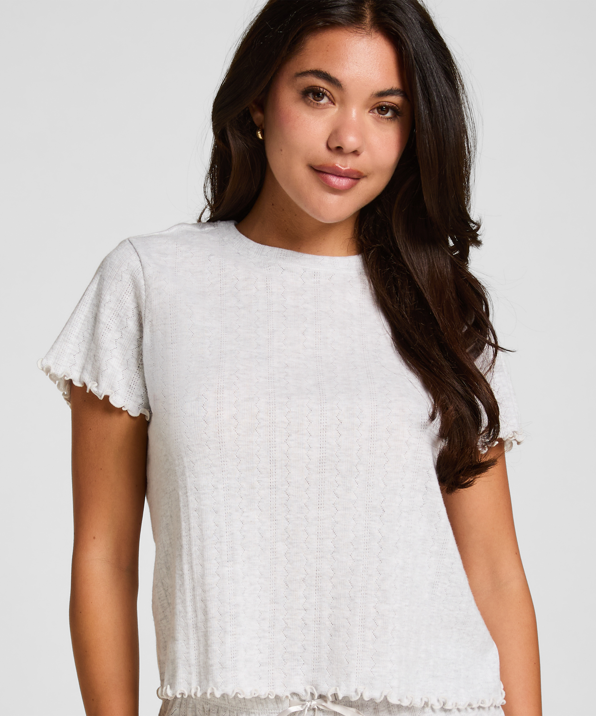 Loose-Fitting Short-Sleeved Pyjama Top, Beige, main