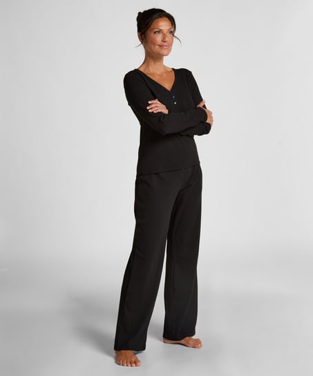 Longsleeved Pyjama Top Henley, Black