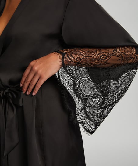 Lace Satin Kimono, Black