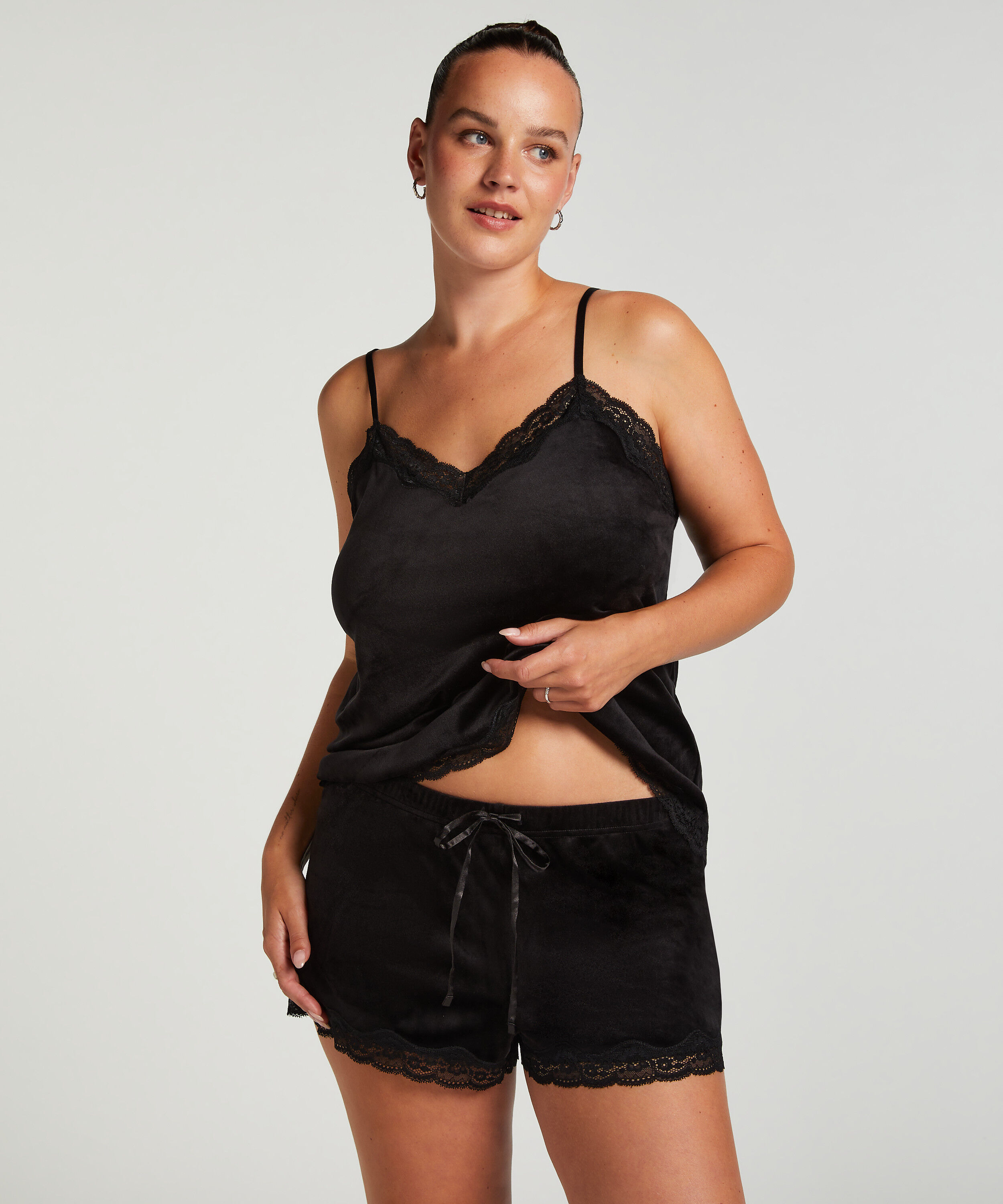 Velours Lace Cami Top, Black