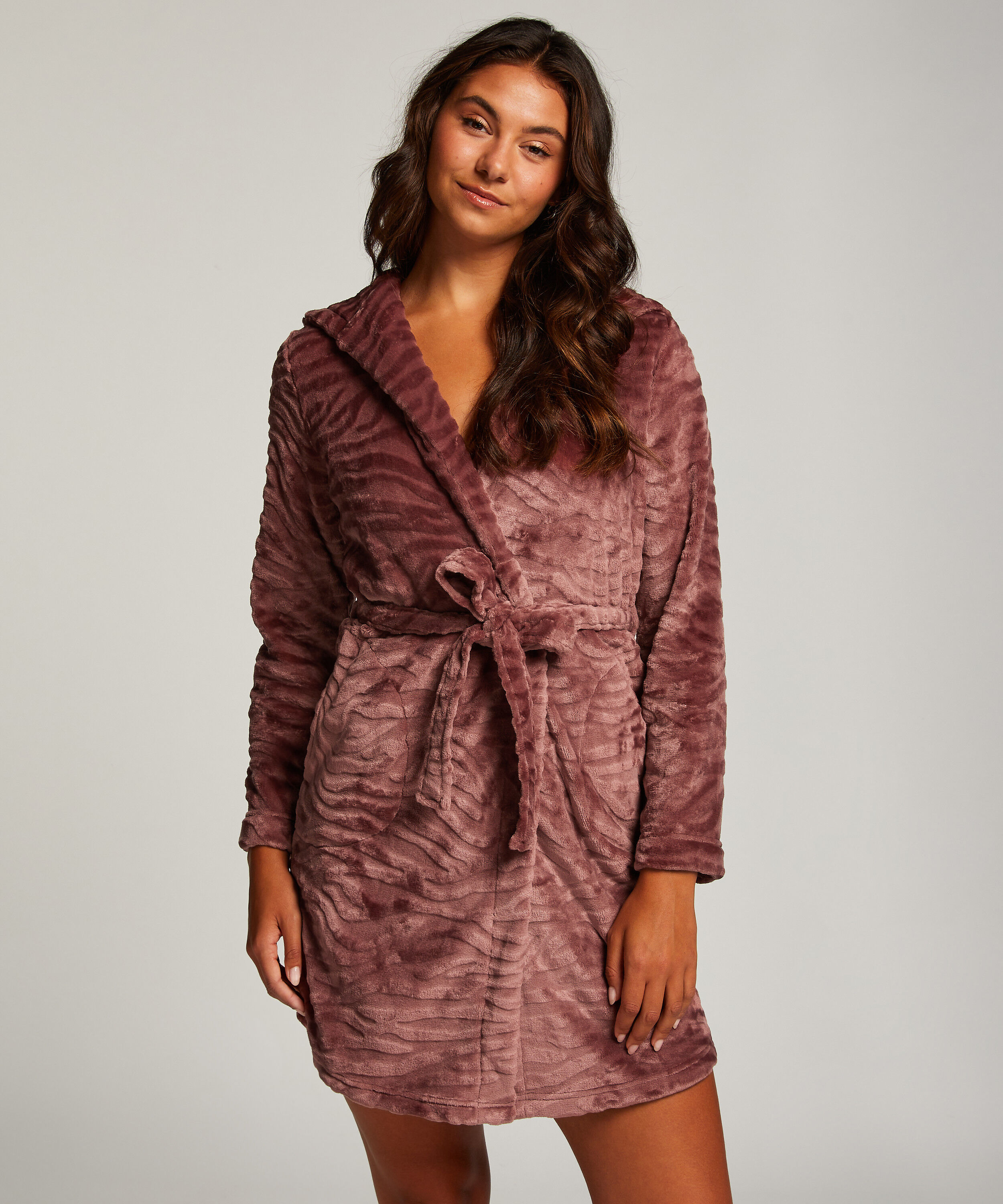 Short Fleece Ribbed Bathrobe, Purple