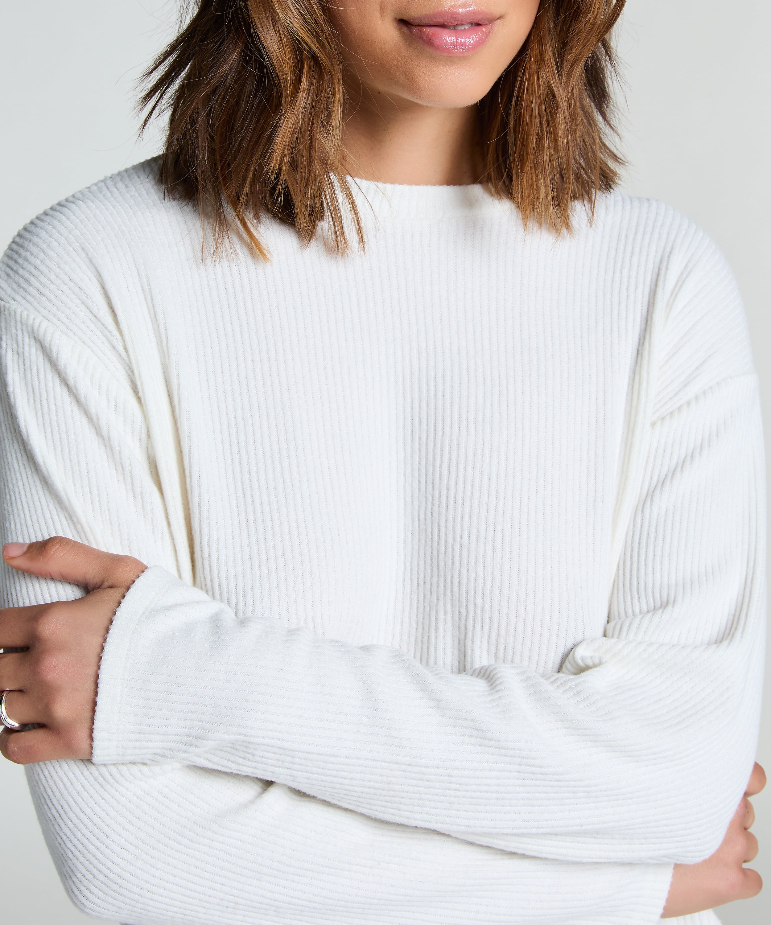 Long-sleeved Knitted Ribbed Pyjama Top, White, main
