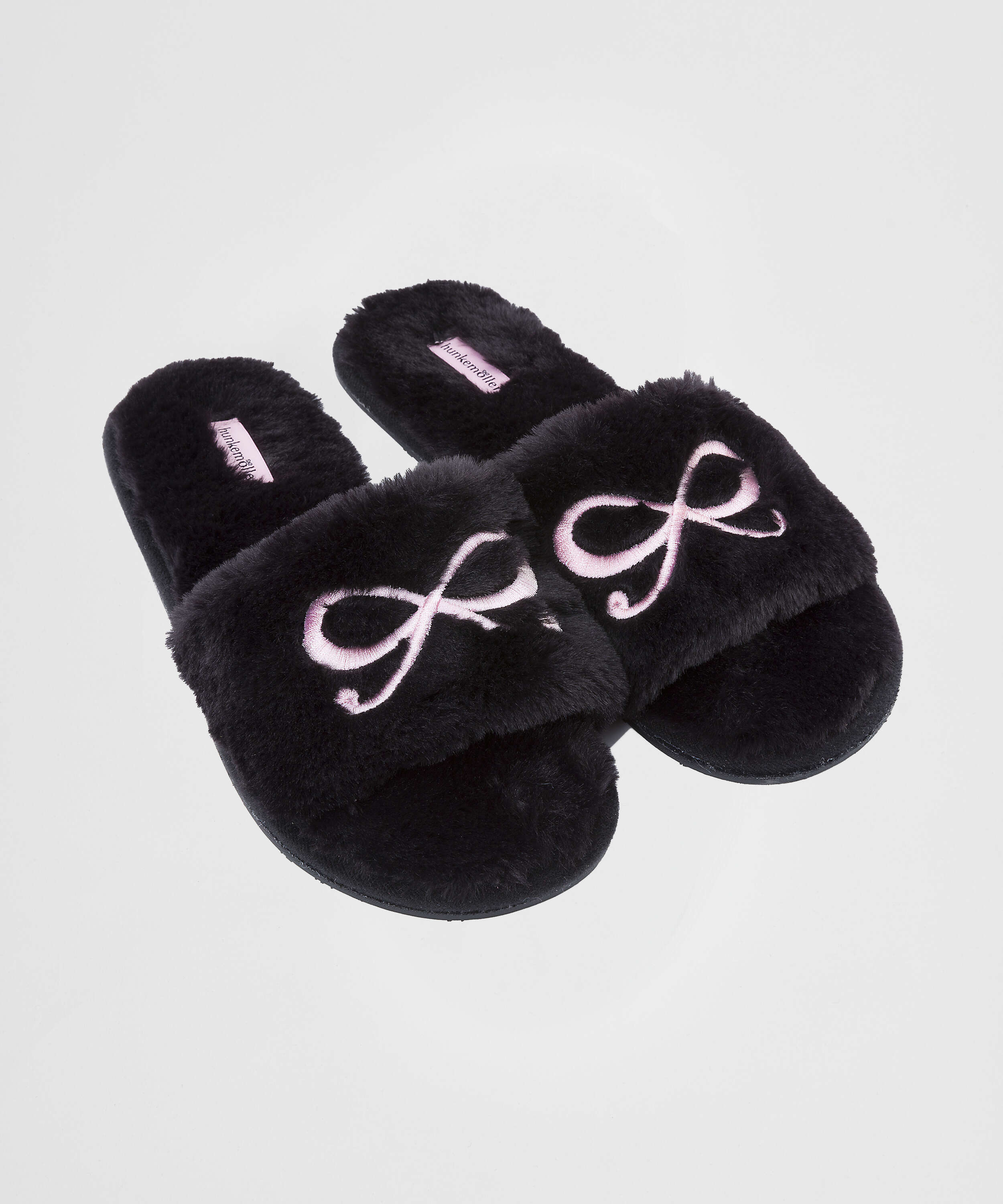 Bow Fake Fur Top slipper, Black, main