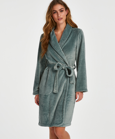 Short Fleece Ribbed Bathrobe, Green