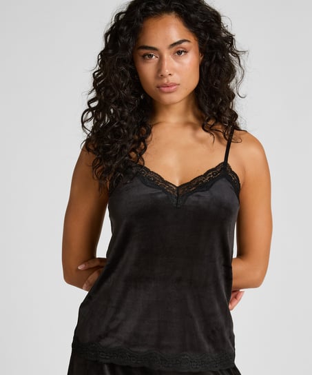 Velours Lace Cami Top, Black
