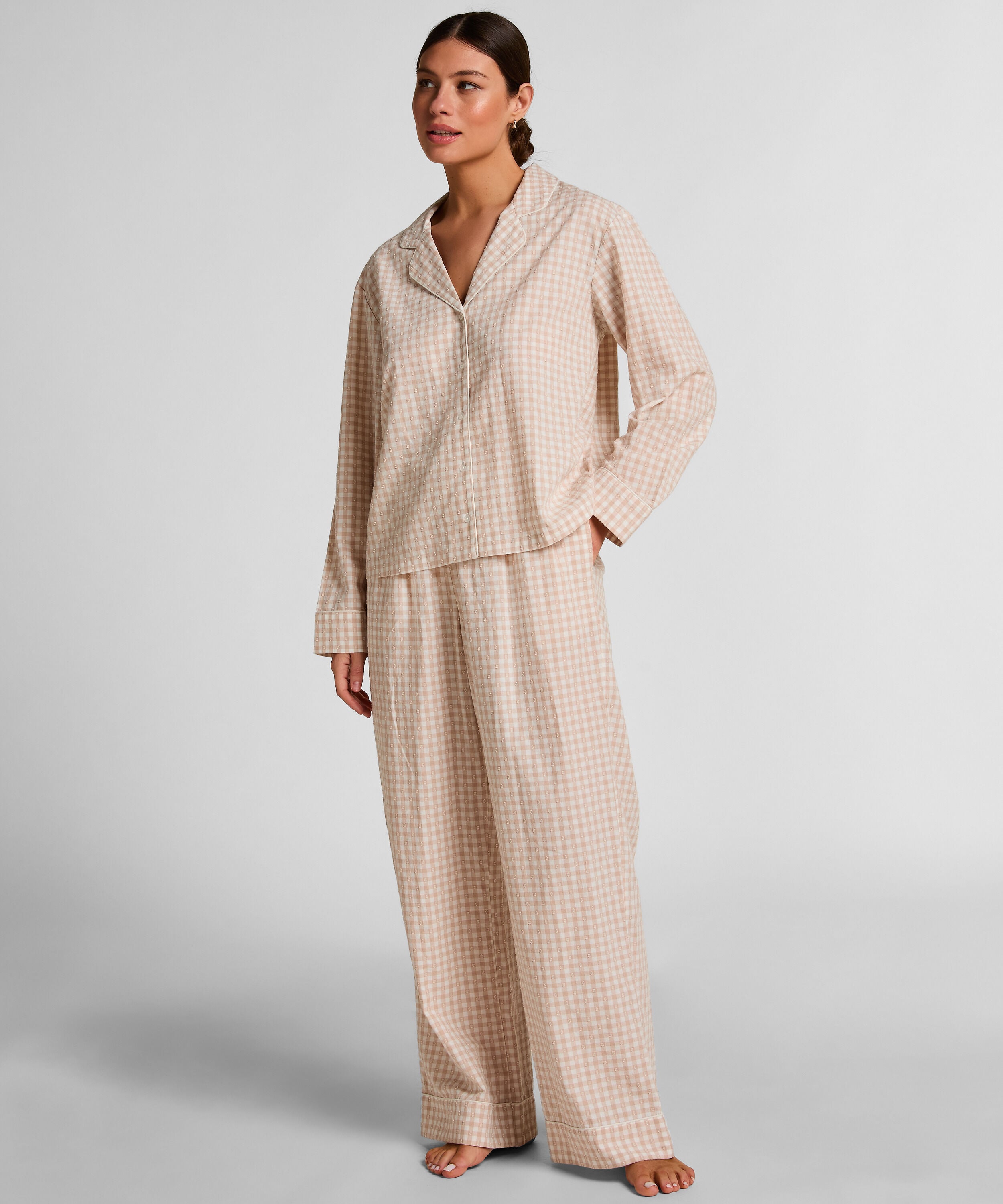 Dobby Pyjama Jacket Woven Cotton, Beige