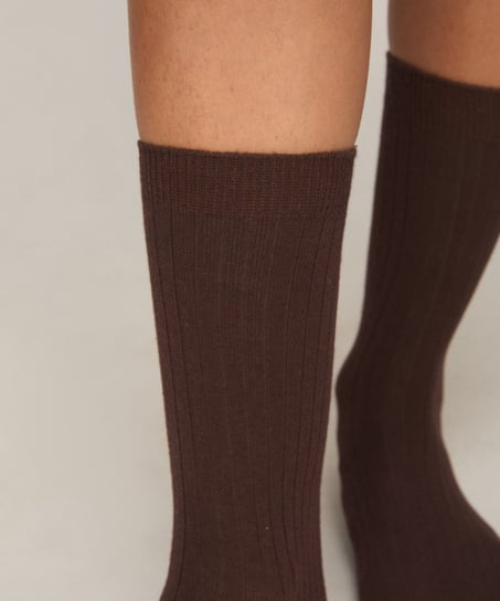 Cashmere Blend Ribbed Socks, Brown