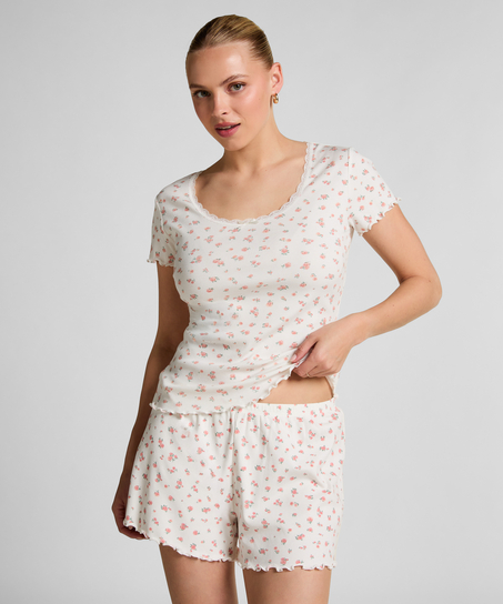 Ribbed Lace Short-sleeved Top, White