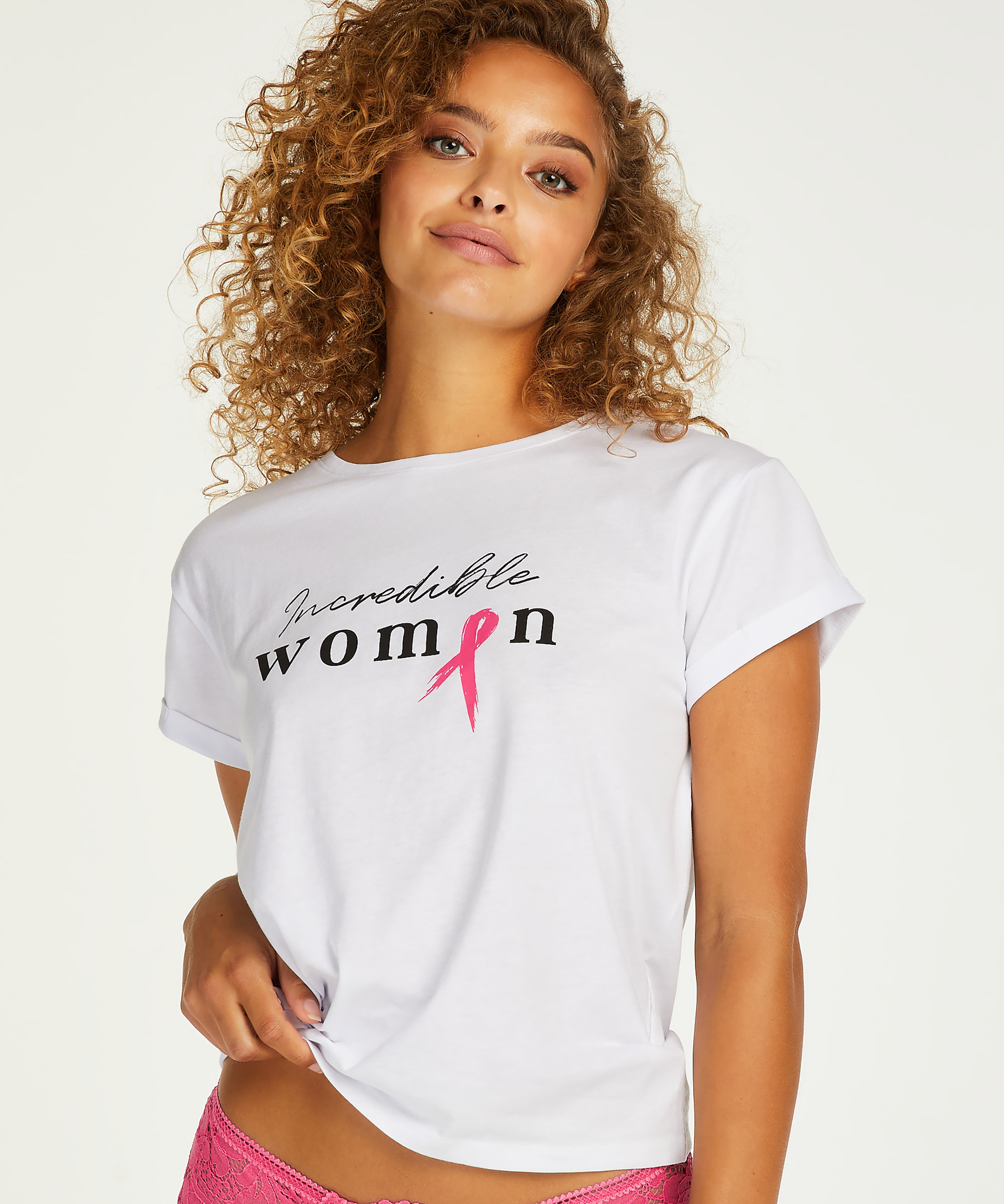 Short Sleeved Pink Ribbon Top, White, main