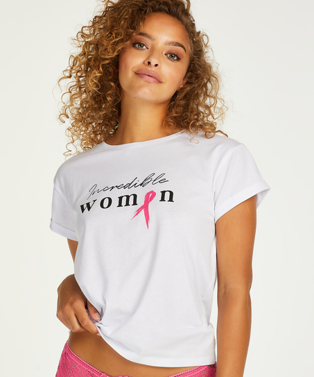 Short Sleeved Pink Ribbon Top, White