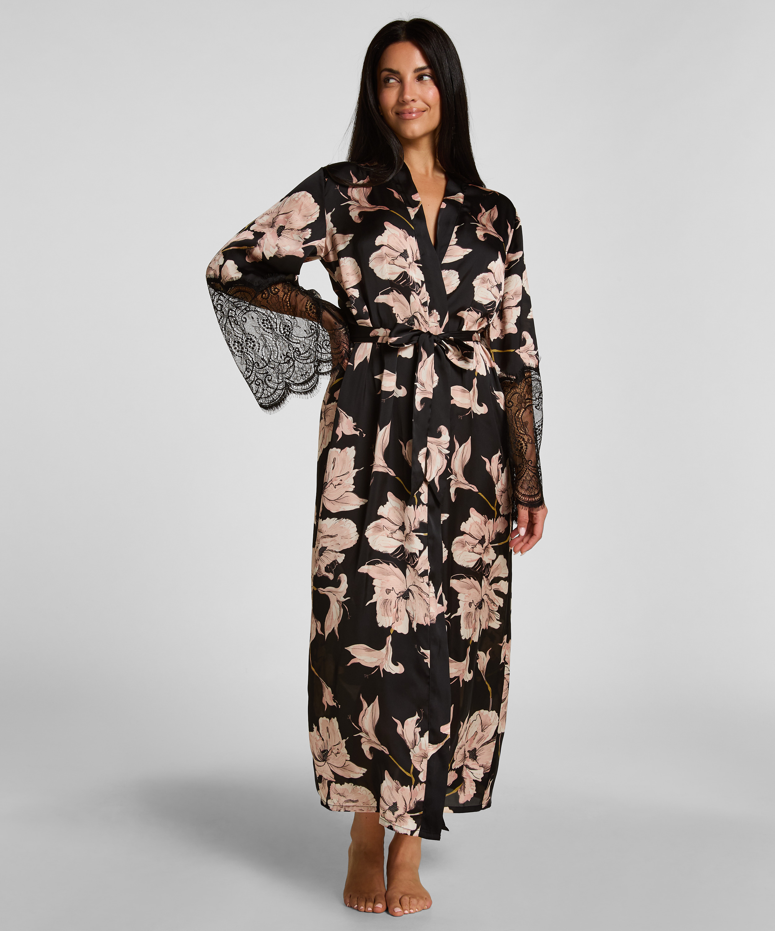 Kimono Long Satin Lace, Black, main
