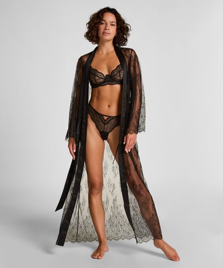 Long Allover Lace Kimono, Black
