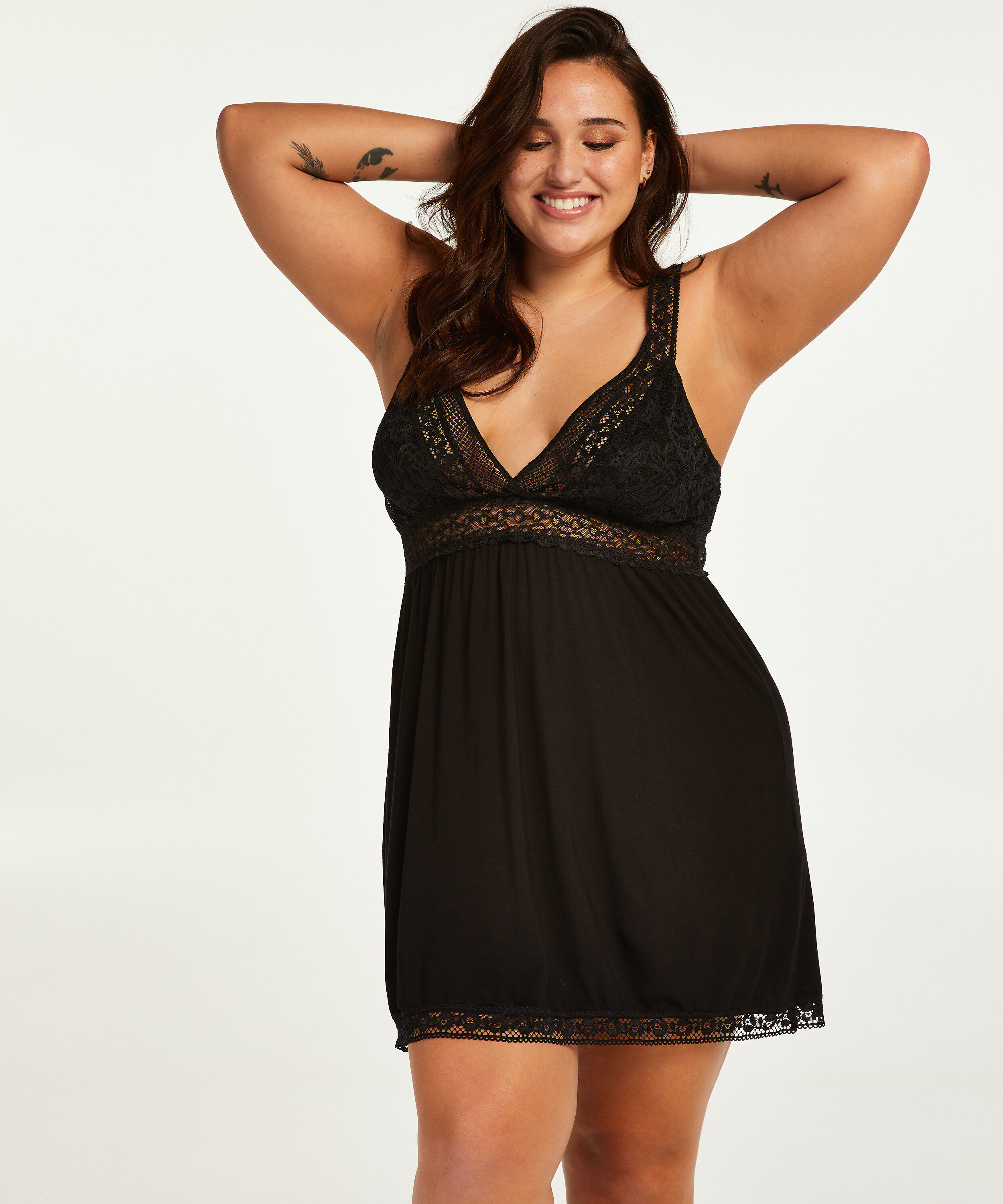 Grafic jersey lace slip dress, Black