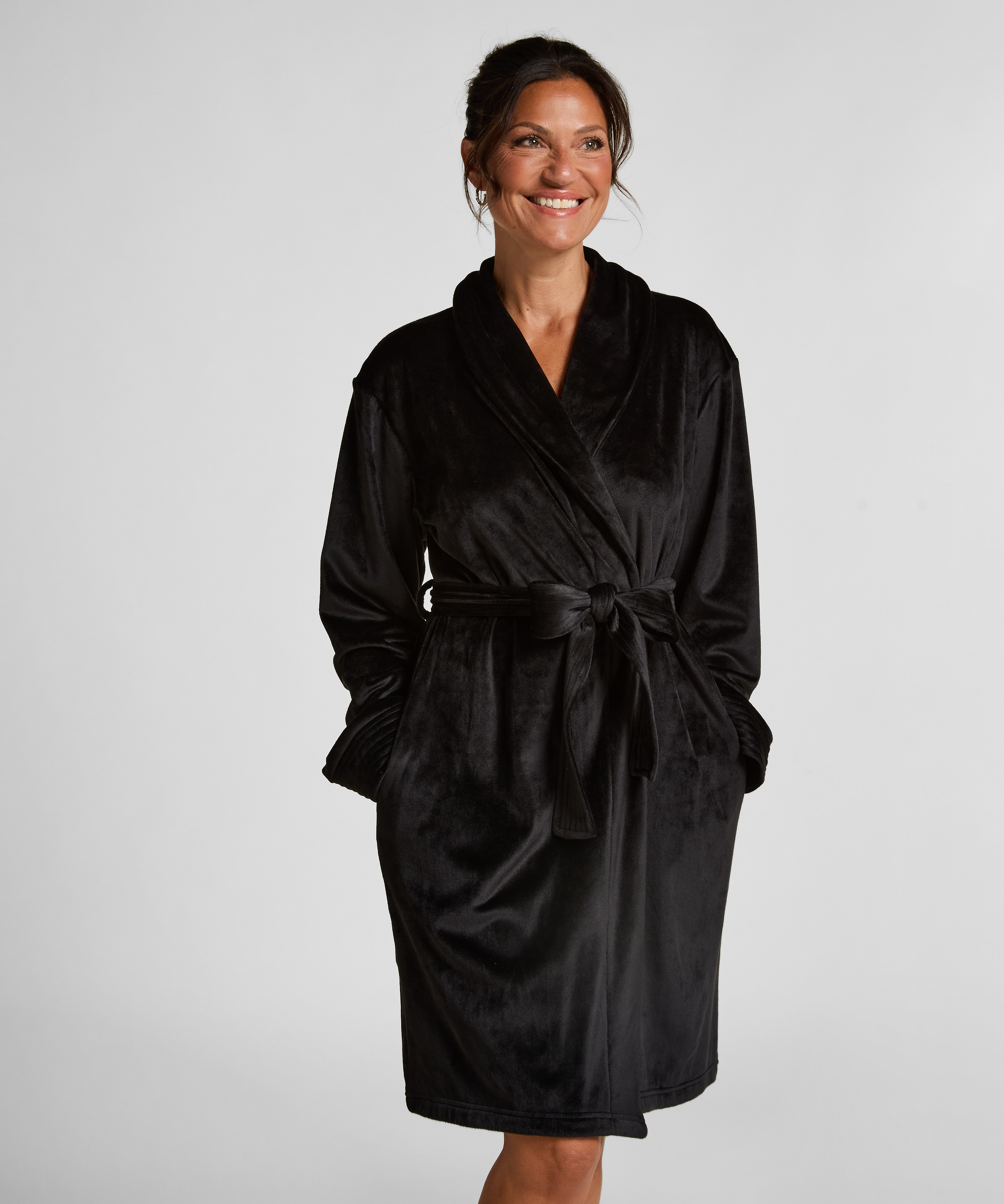 Velours short bathrobe, Black, main