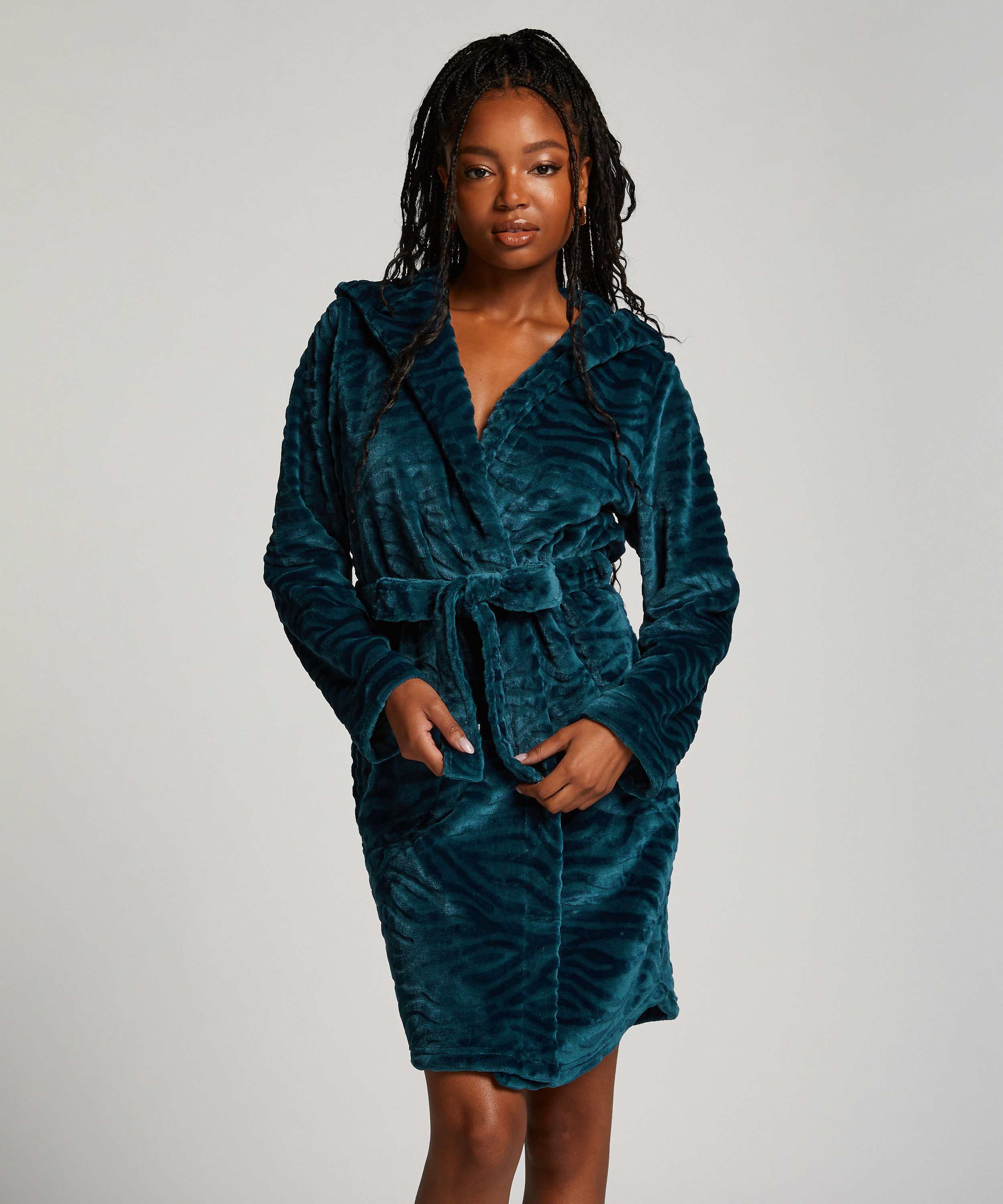 Short Fleece Ribbed Bathrobe, Blue, main