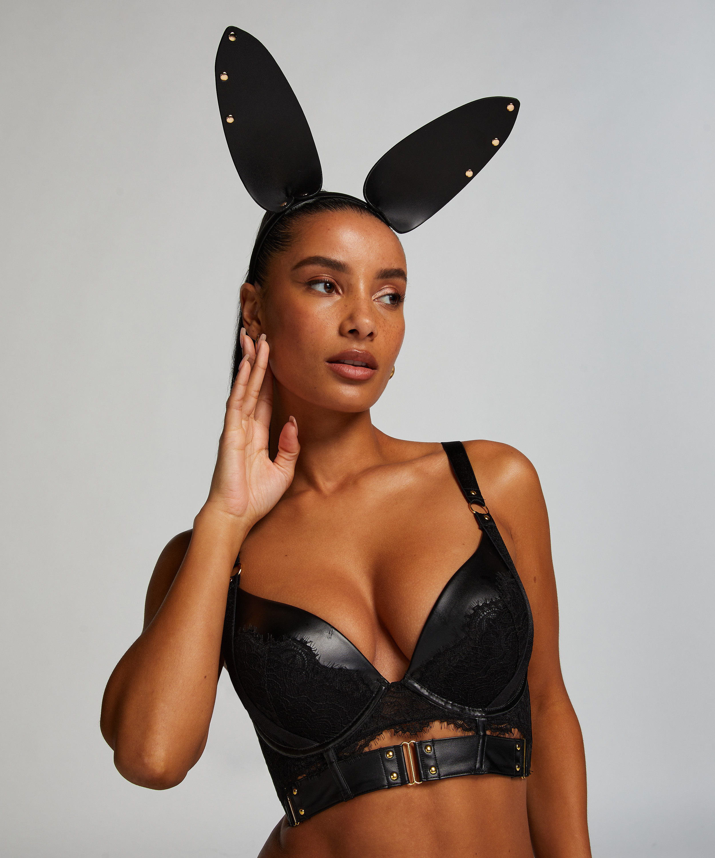 Bunny Faux Leather Headband, Black, main