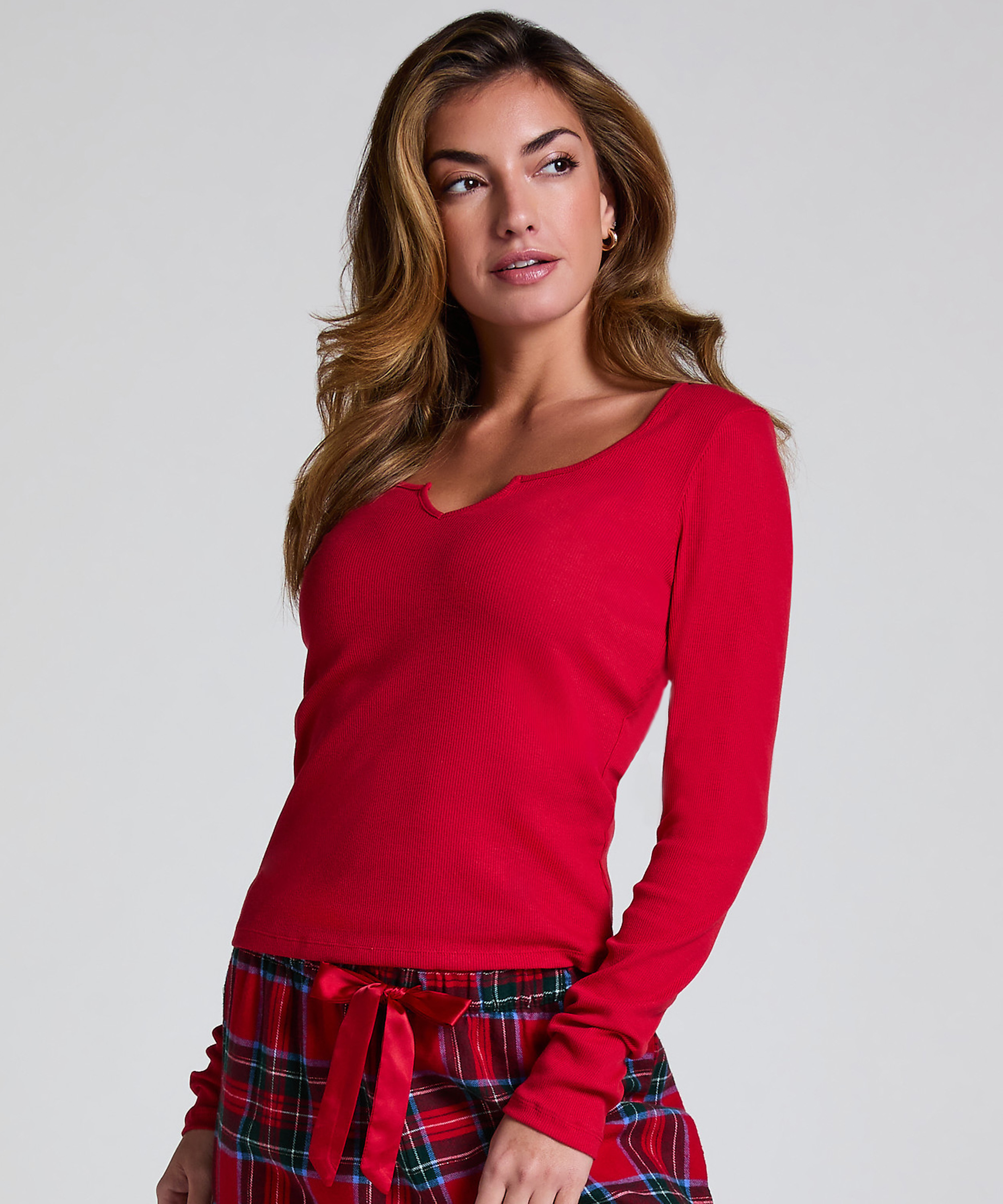 Top V-neck long sleeves, Red, main
