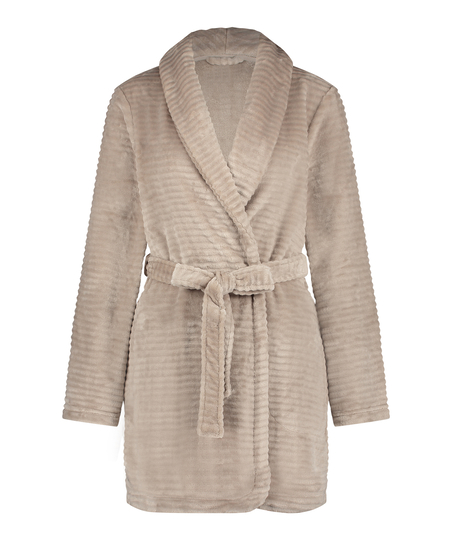 Short Fleece Ribbed Bathrobe, Beige