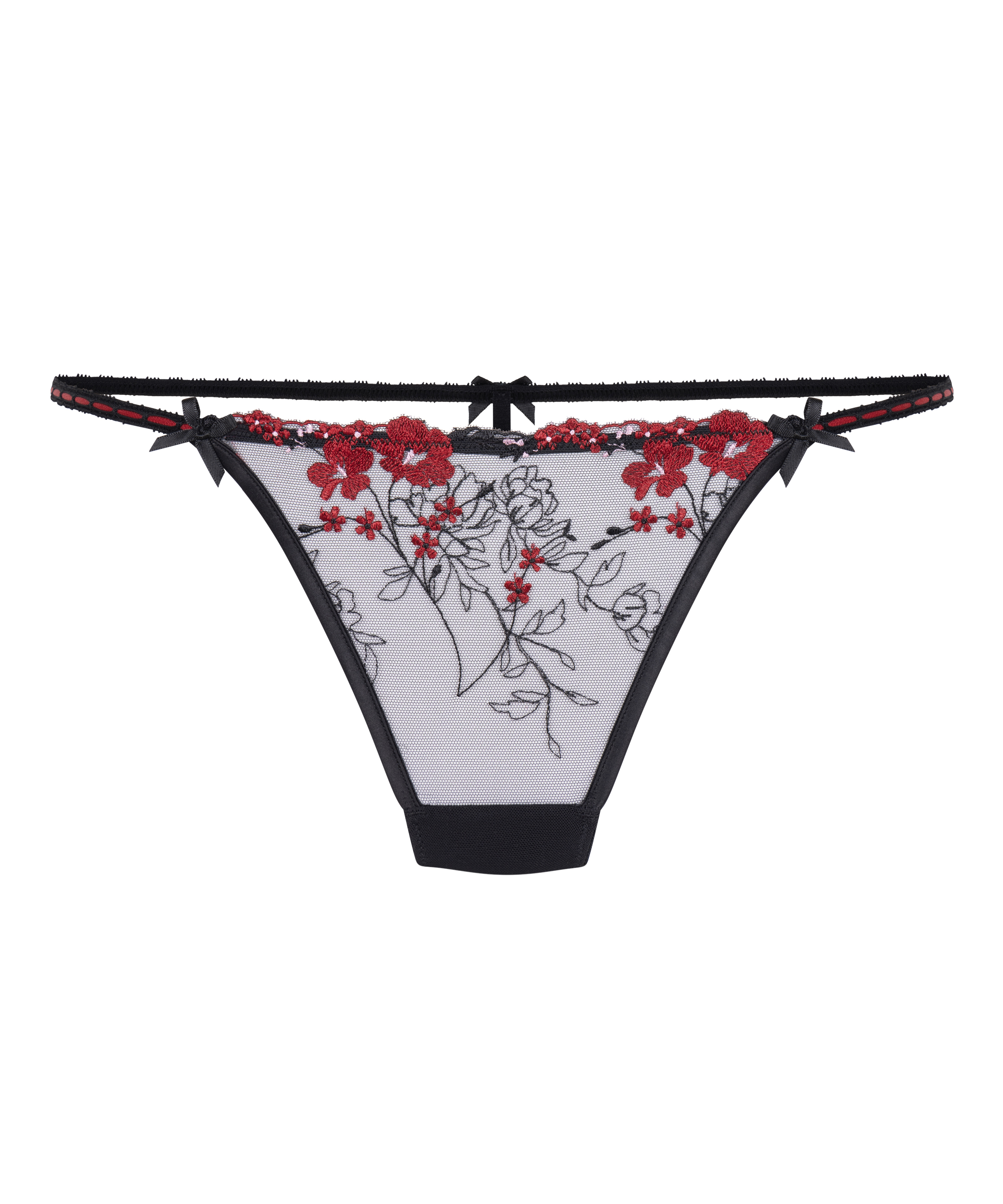 Delicate and dreamy, this sheer mesh string is adorned with intricate floral embroideries for a romantic touch. Its lightweight design offers a perfect blend of elegance and comfort. Pair it with the matching bra for the sweetest look!, Black, main