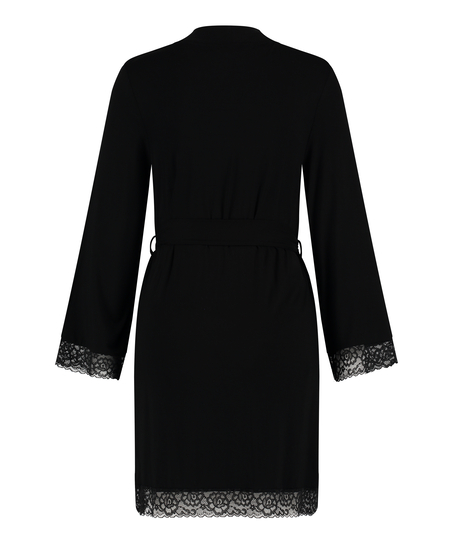 Short Viscose Lace Robe, Black