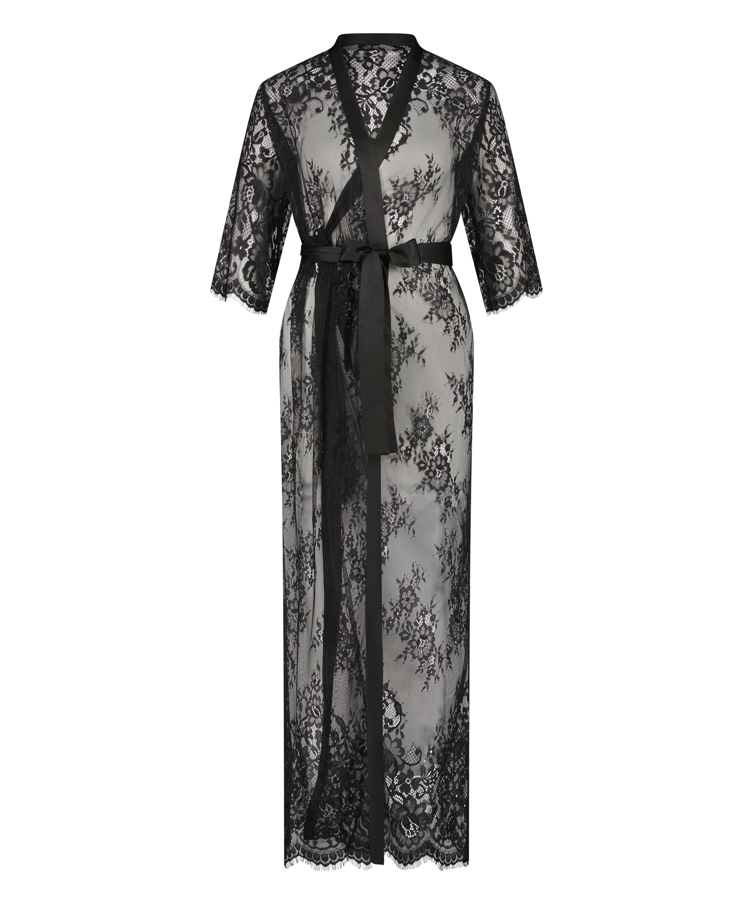 Long Allover Lace Kimono, Black, main