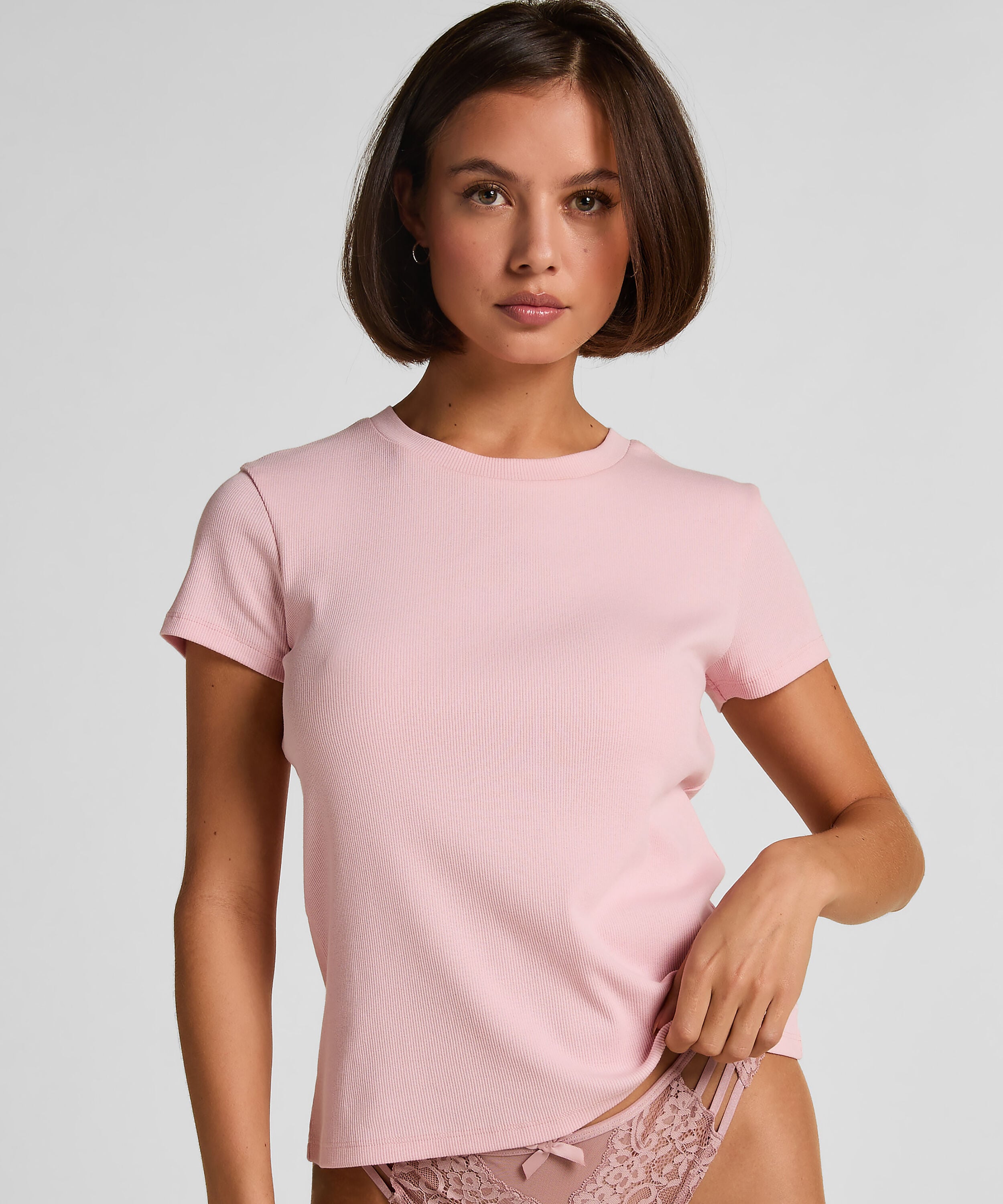 Ribbed Crew Neck Short-Sleeved Pyjama Top, Pink