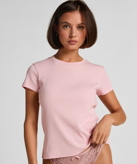 Ribbed Crew Neck Short-Sleeved Pyjama Top, Pink