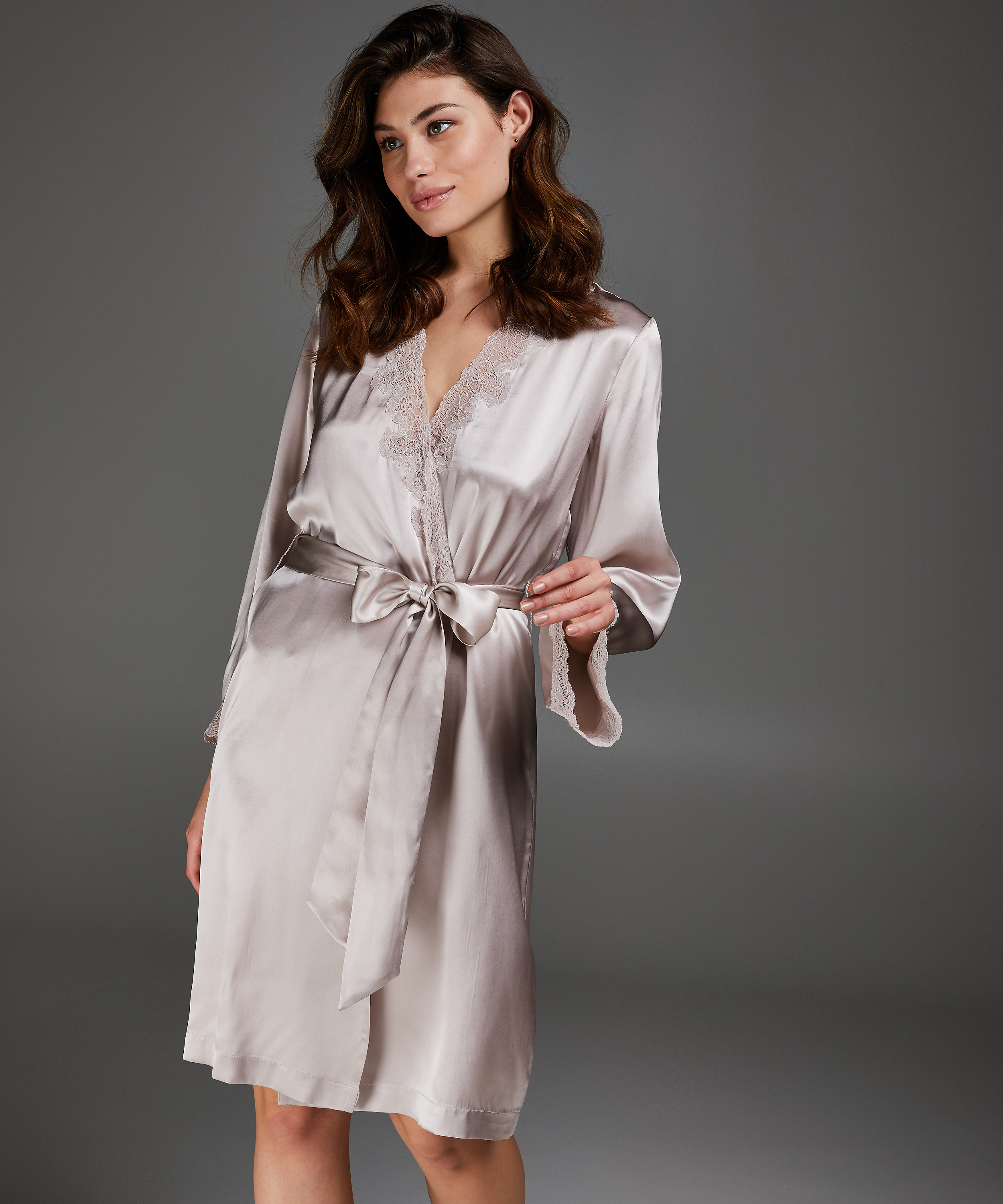 Silk lace trim kimono, Pink, main