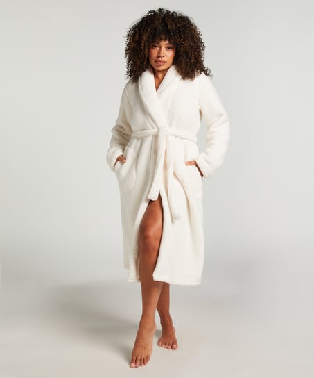 Long Fleece Bathrobe, White