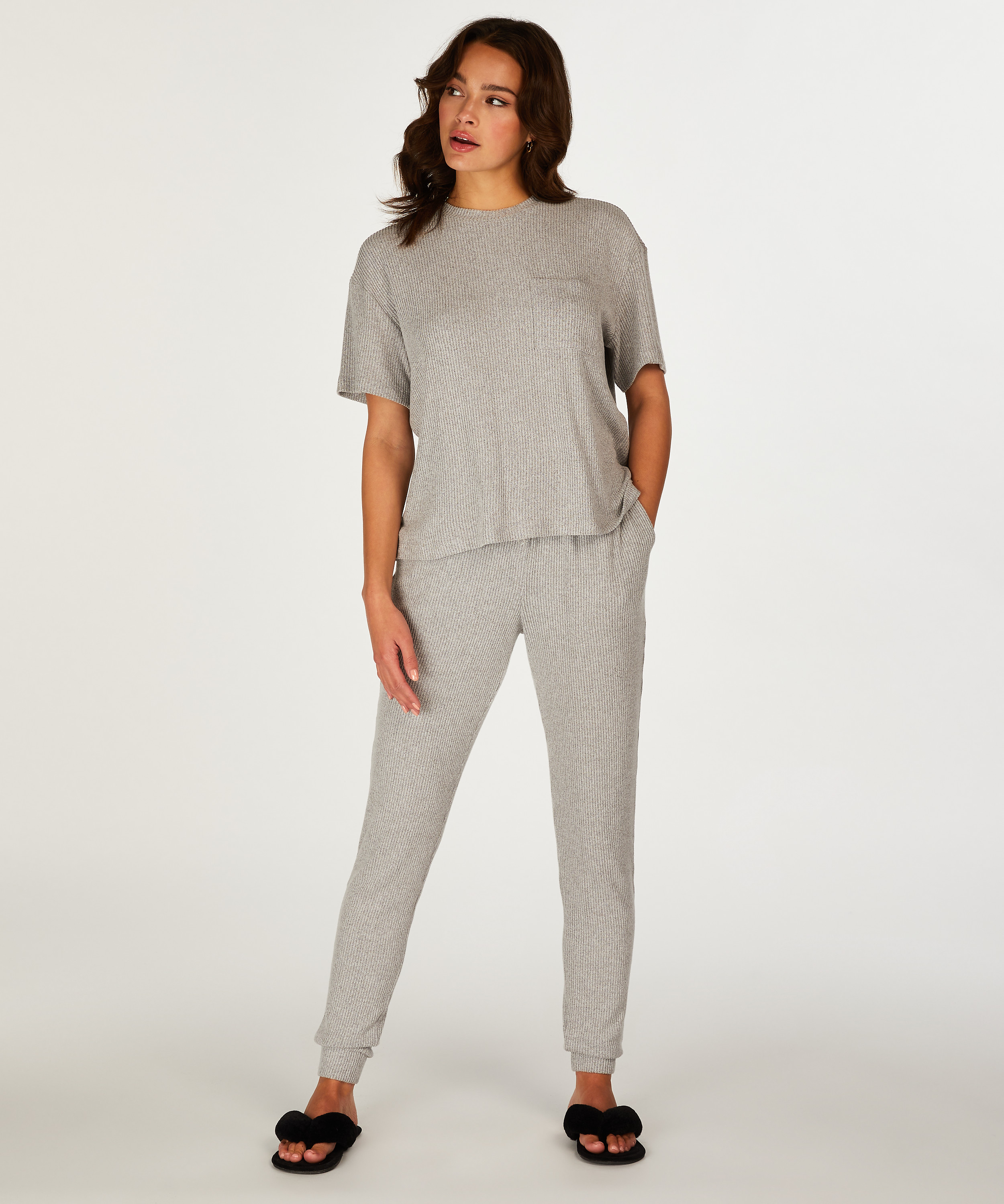 Rib Short Sleeve Top, Gray, main