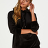 Velvet Long-Sleeved Pyjama Top, Black