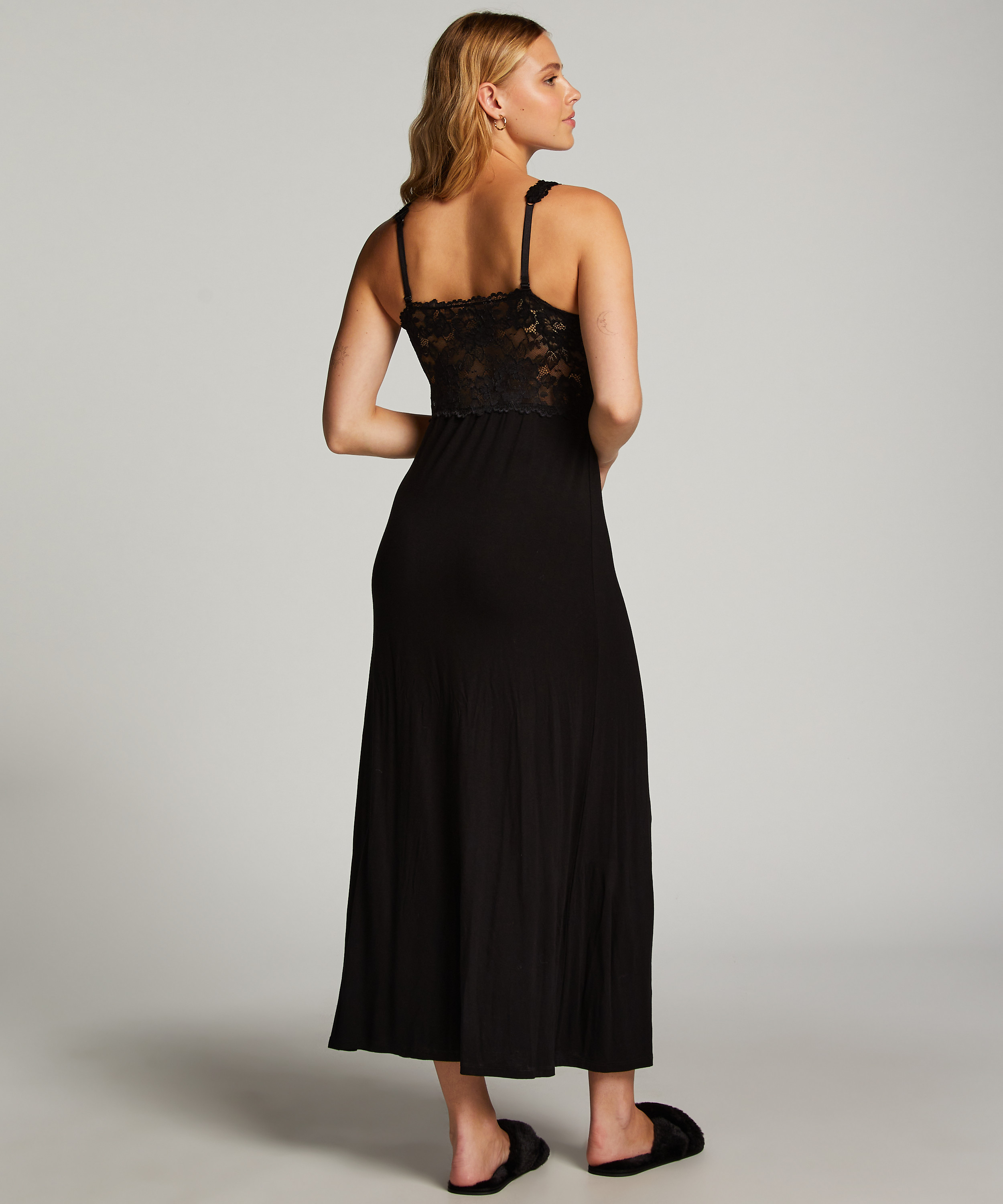 Nora Lace Long Slip Dress, Black, main