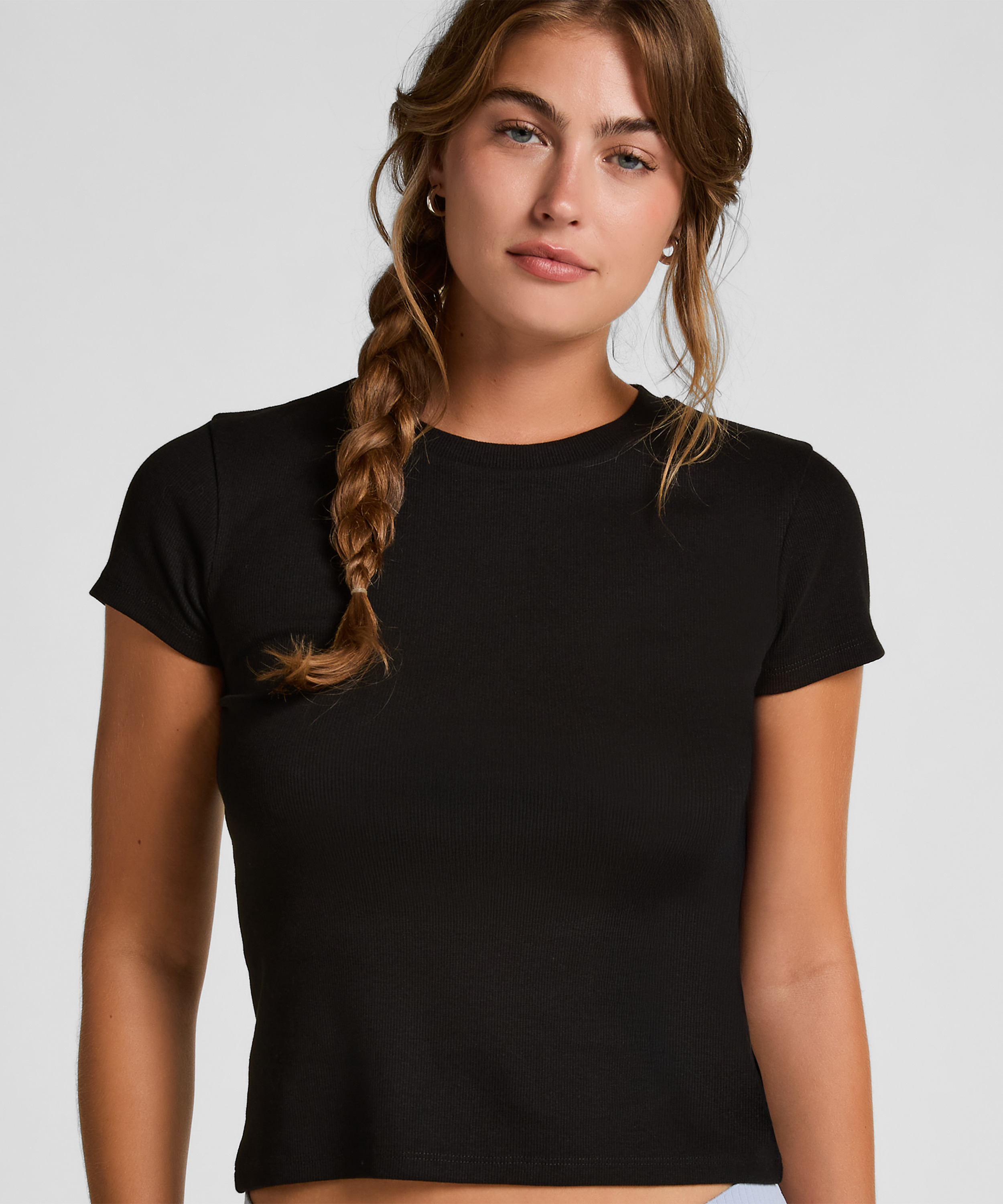 Ribbed Crew Neck Short-Sleeved Pyjama Top, Black, main
