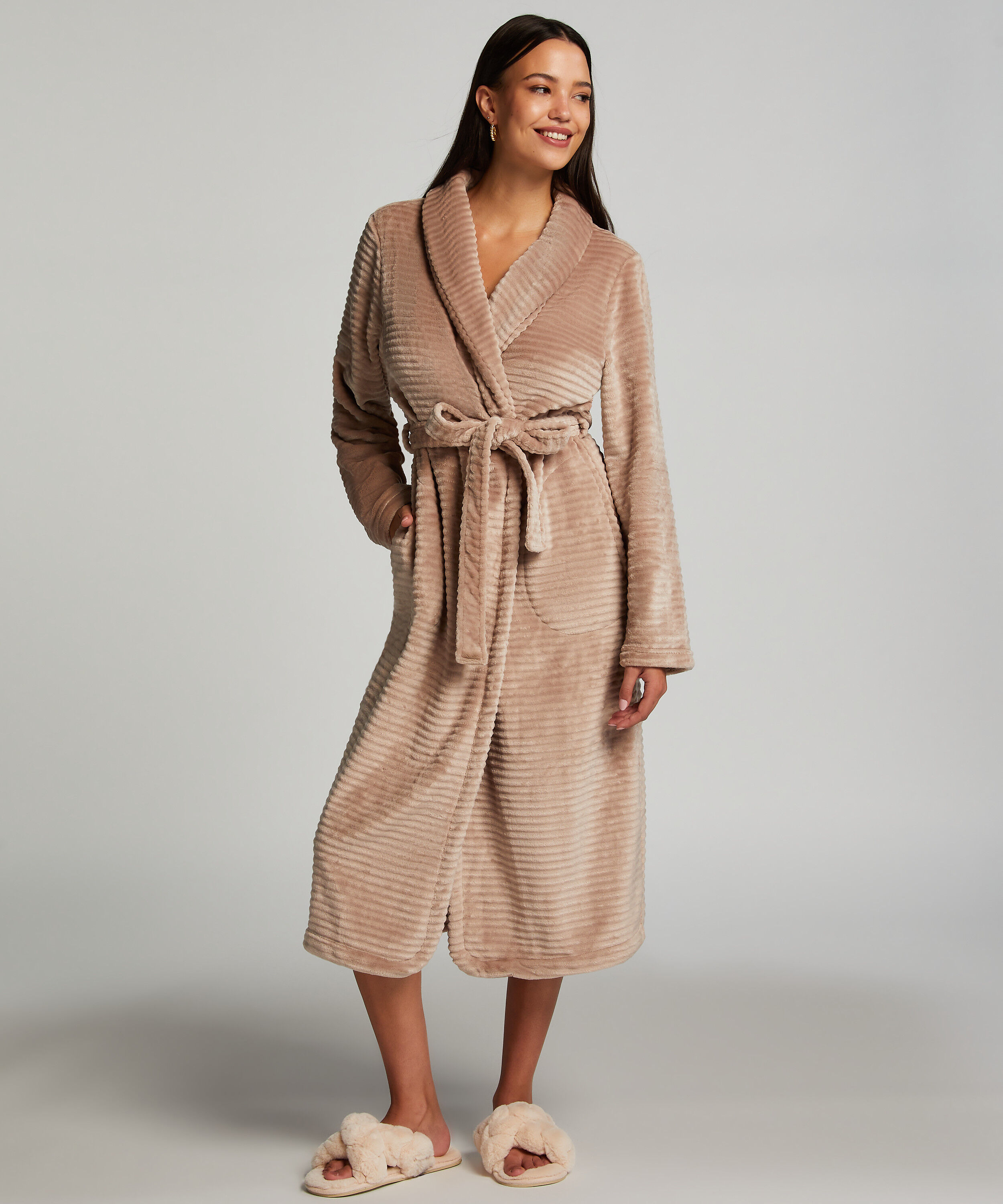 Long Fleece Ribbed Bathrobe, Beige