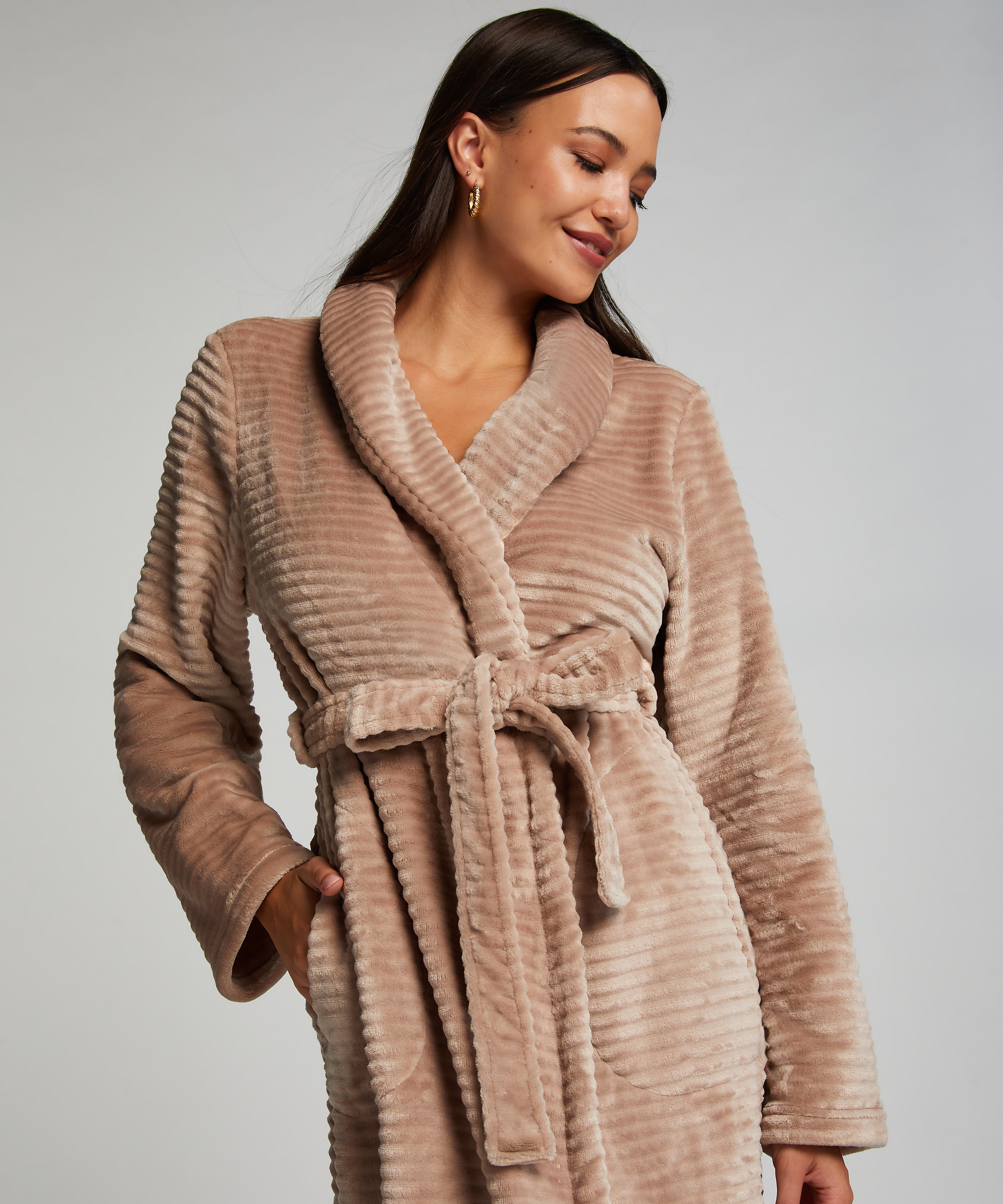 Long Fleece Ribbed Bathrobe, Beige, main