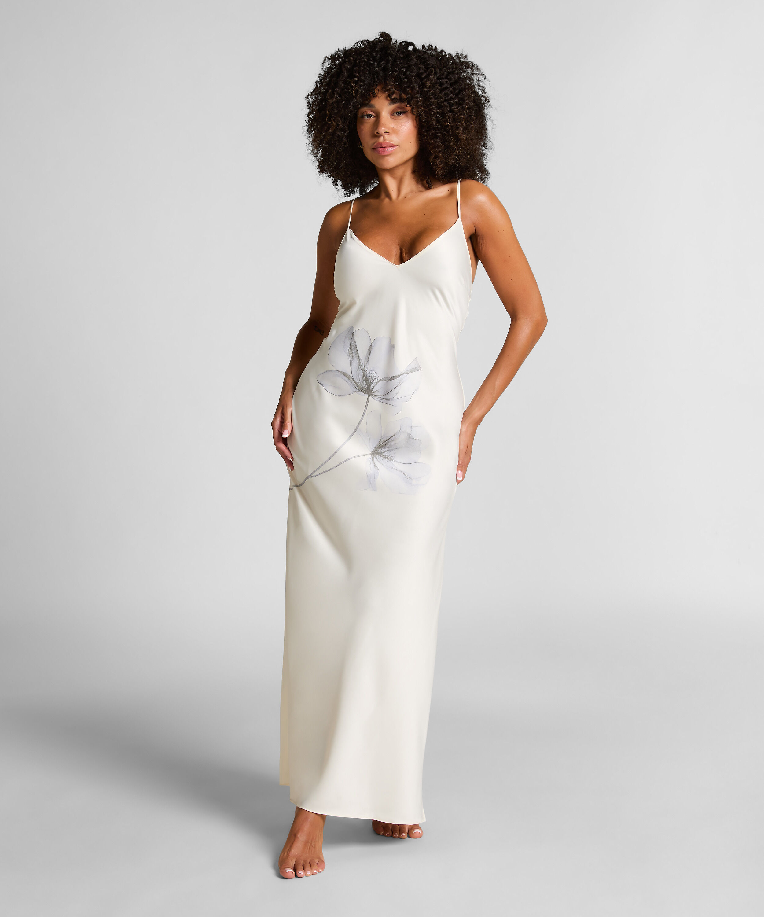 Slipdress Long Satin Floral, White