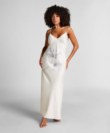 Slipdress Long Satin Floral, White