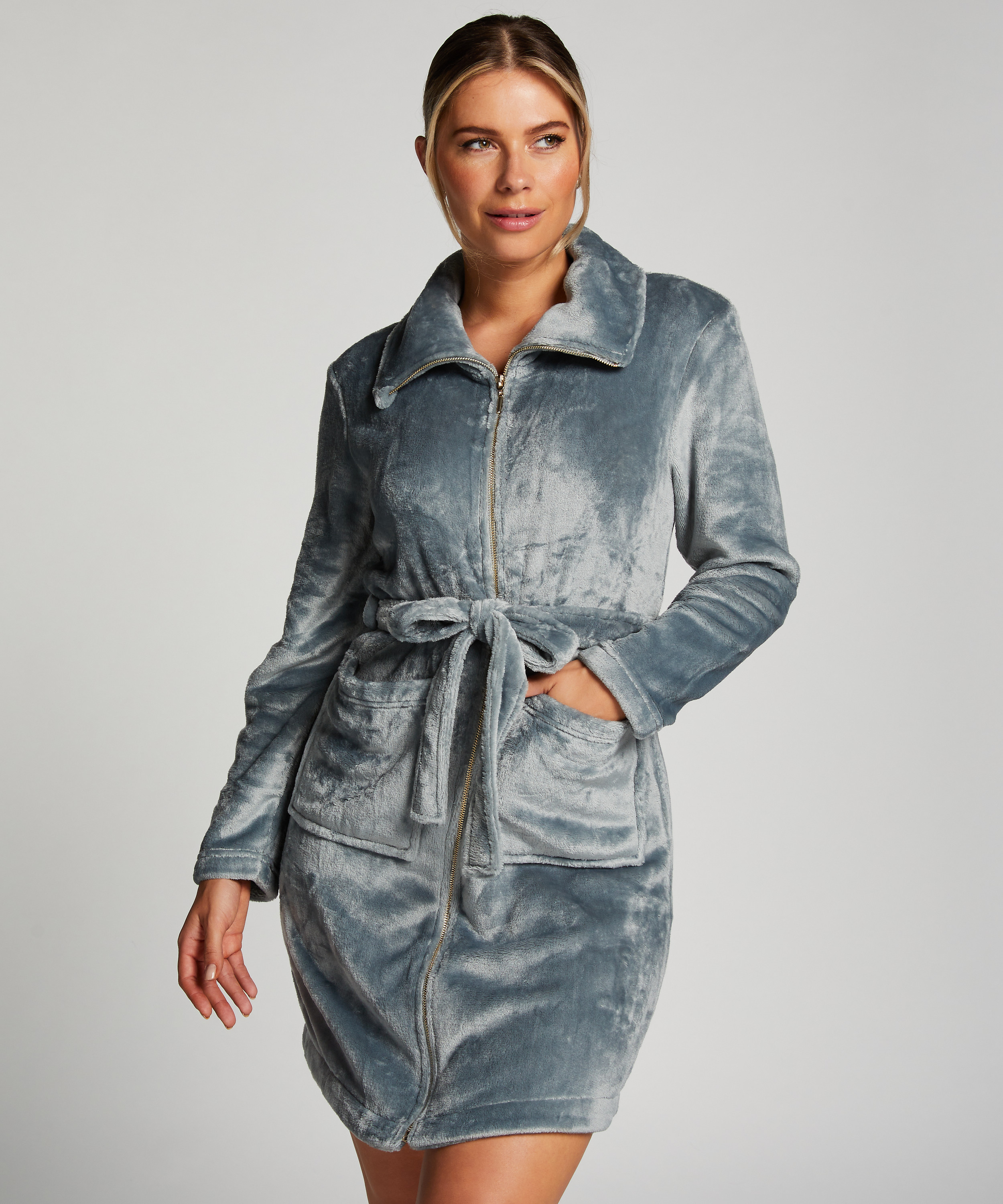 Fleece Zip Bathrobe, Blue, main