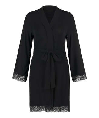 Short Viscose Lace Robe, Black