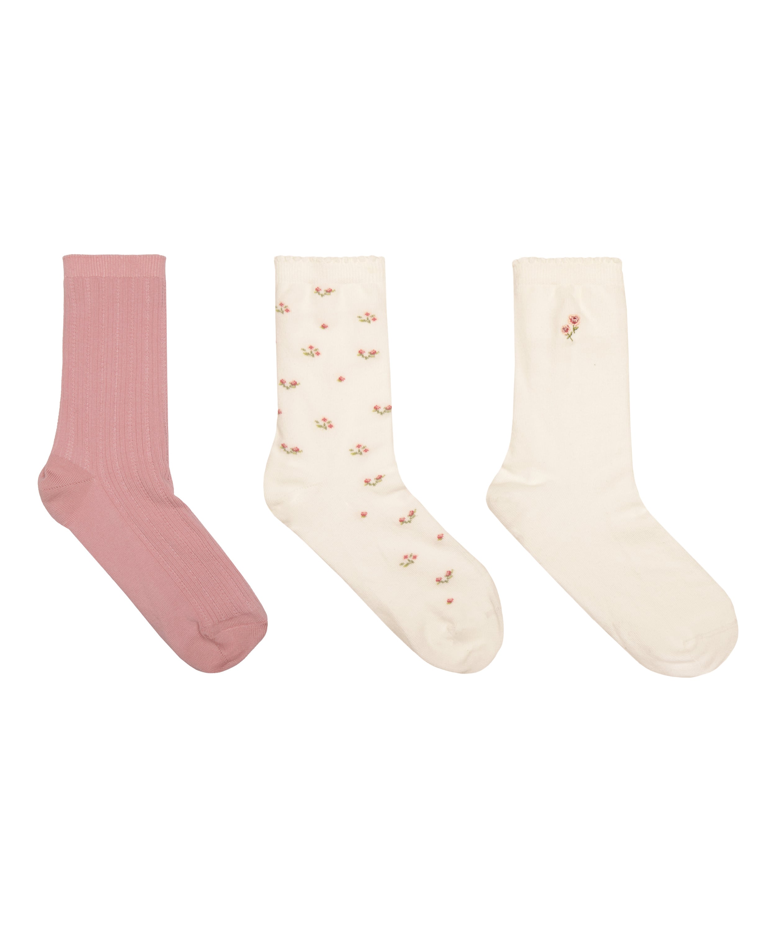 3 Pair Cotton Flower Socks, Pink, main