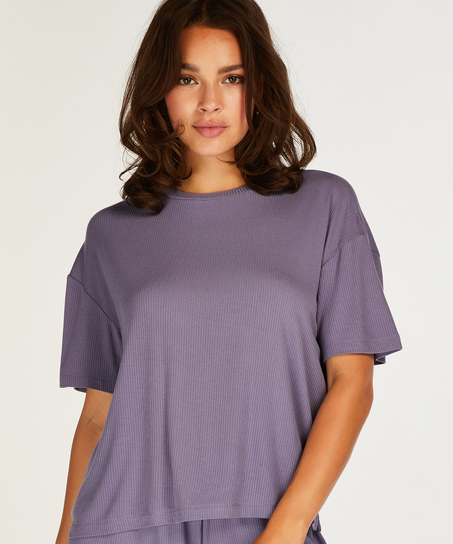 Rib Short-Sleeved Top, Purple