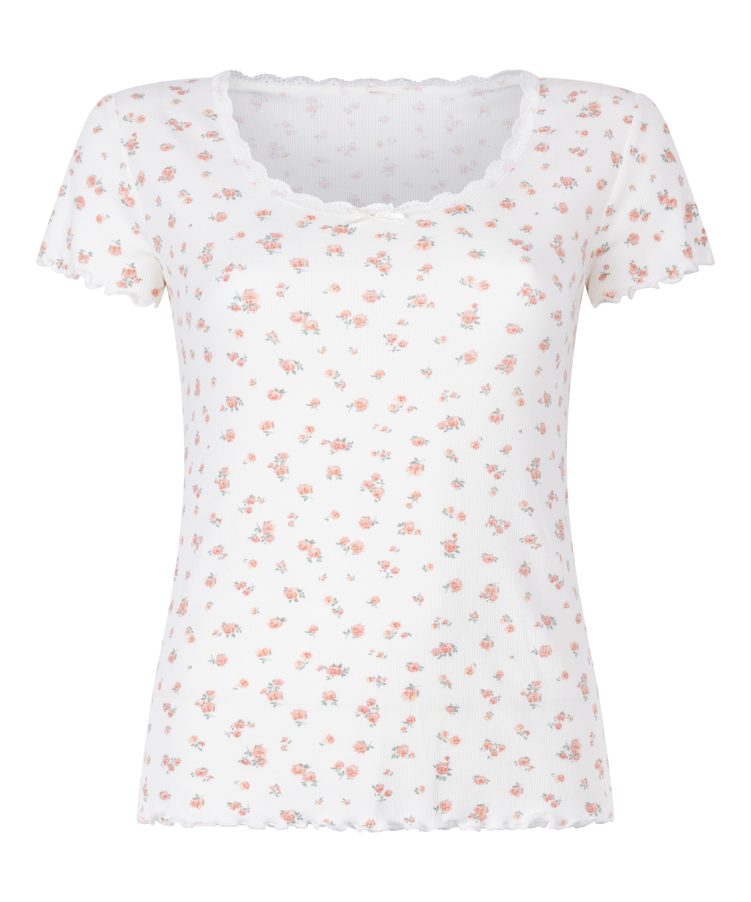 Ribbed Lace Short-sleeved Top, White, main